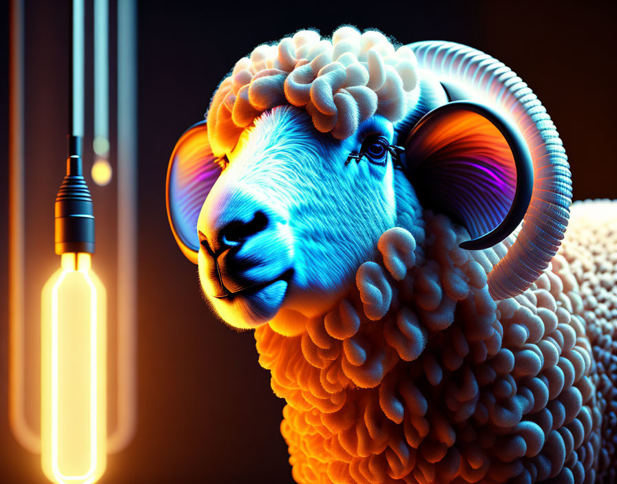 Digital illustration of sheep with neon blue horns and glowing light bulb