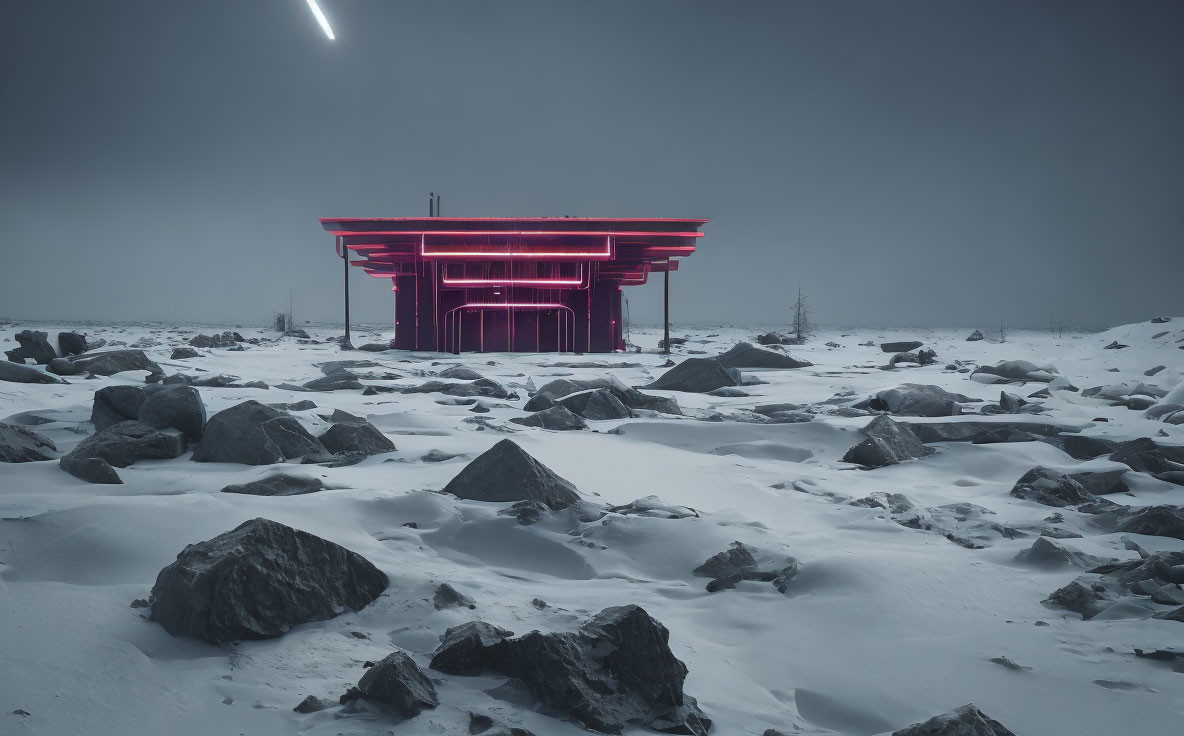 Futuristic red structure with neon lights in snowy landscape