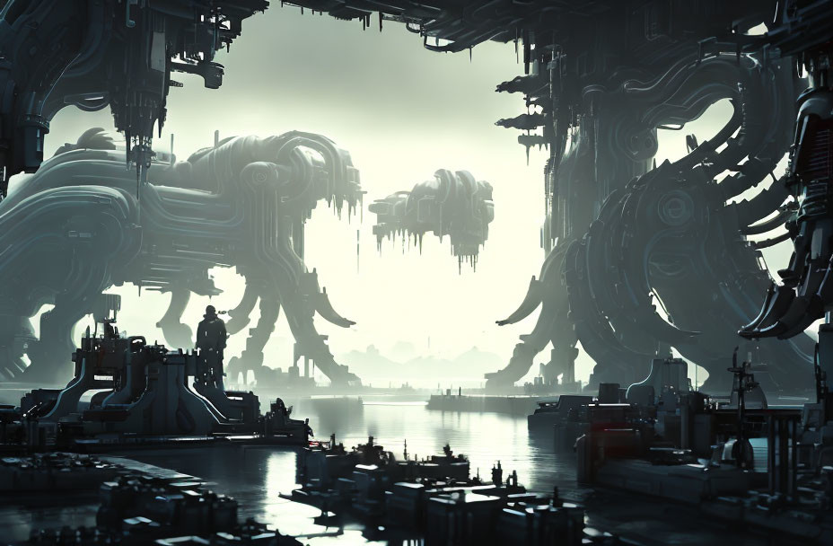 Industrial sci-fi landscape with towering machinery in misty atmosphere
