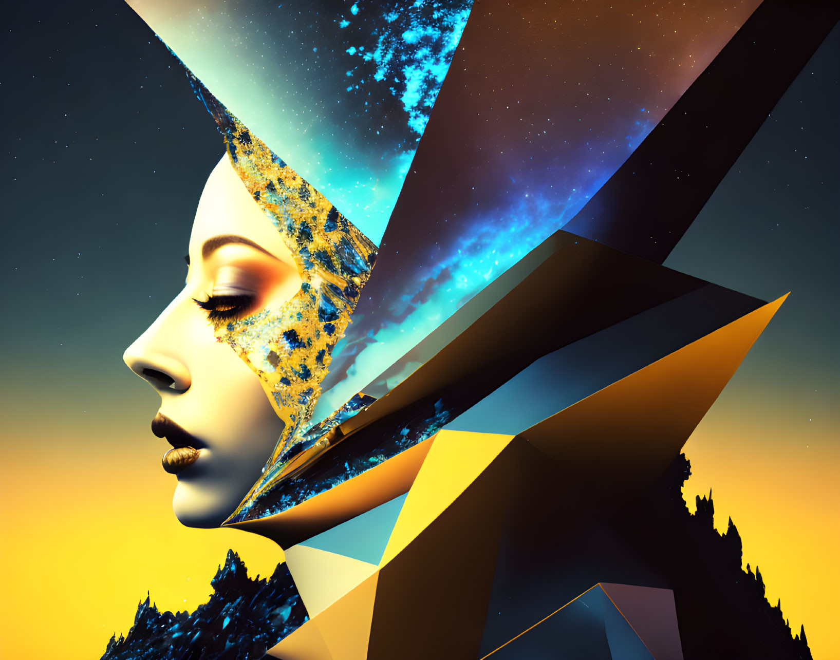 Surreal digital art: Woman's profile with cosmic and geometric elements