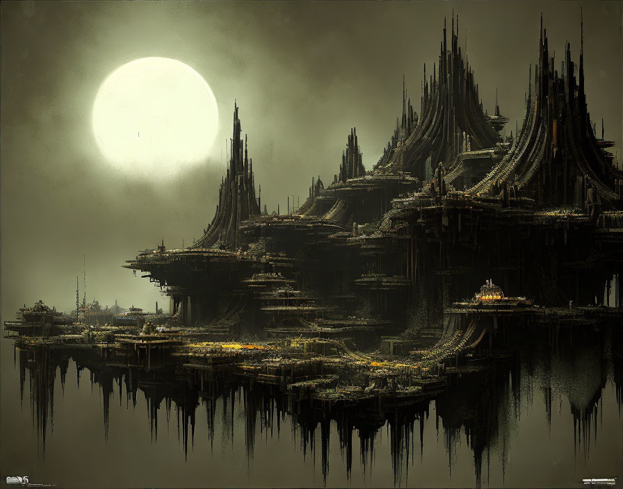 Dark Dystopian Cityscape with Moonlit Waters