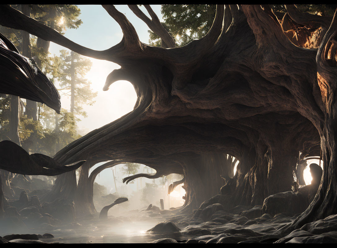 Mystical forest with gnarled trees and sunbeams in mist