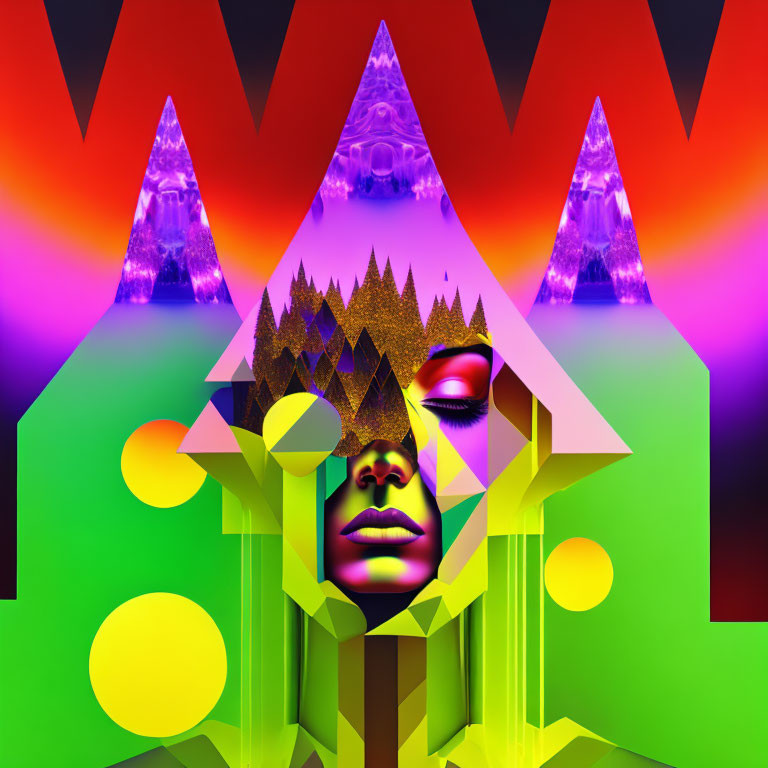 Colorful Abstract Art: Geometric Shapes & Female Face in Surreal Composition