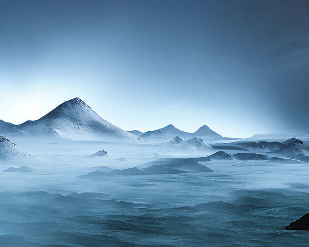 Blue-toned landscape with mist-covered mountains and a solitary spire.