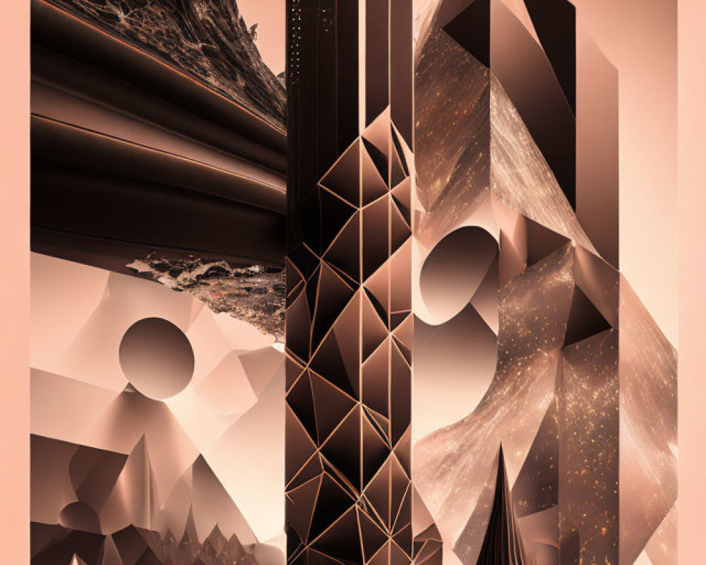 Abstract sepia-toned artwork with geometric shapes and futuristic buildings.