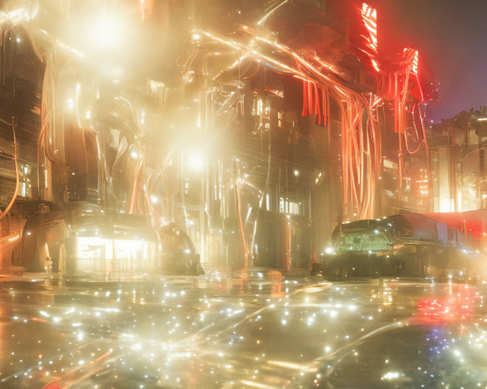 Rain-soaked street with neon reflections and parked cars at twilight