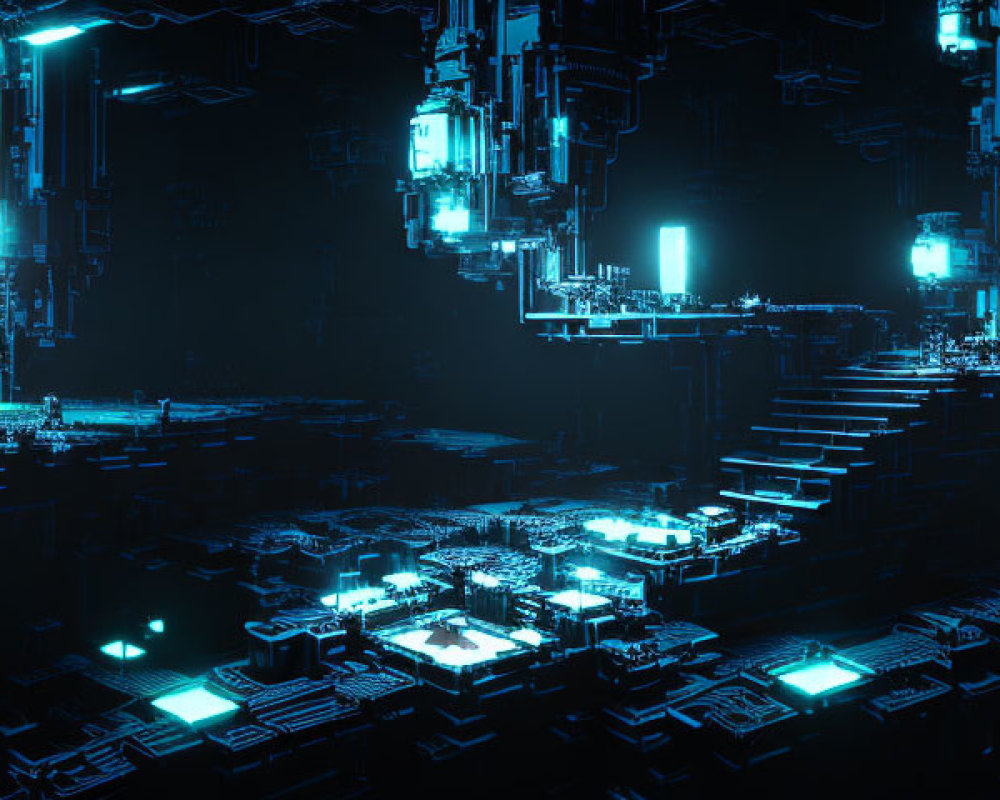 Futuristic Cityscape with Neon Blue Lights and Advanced Technology