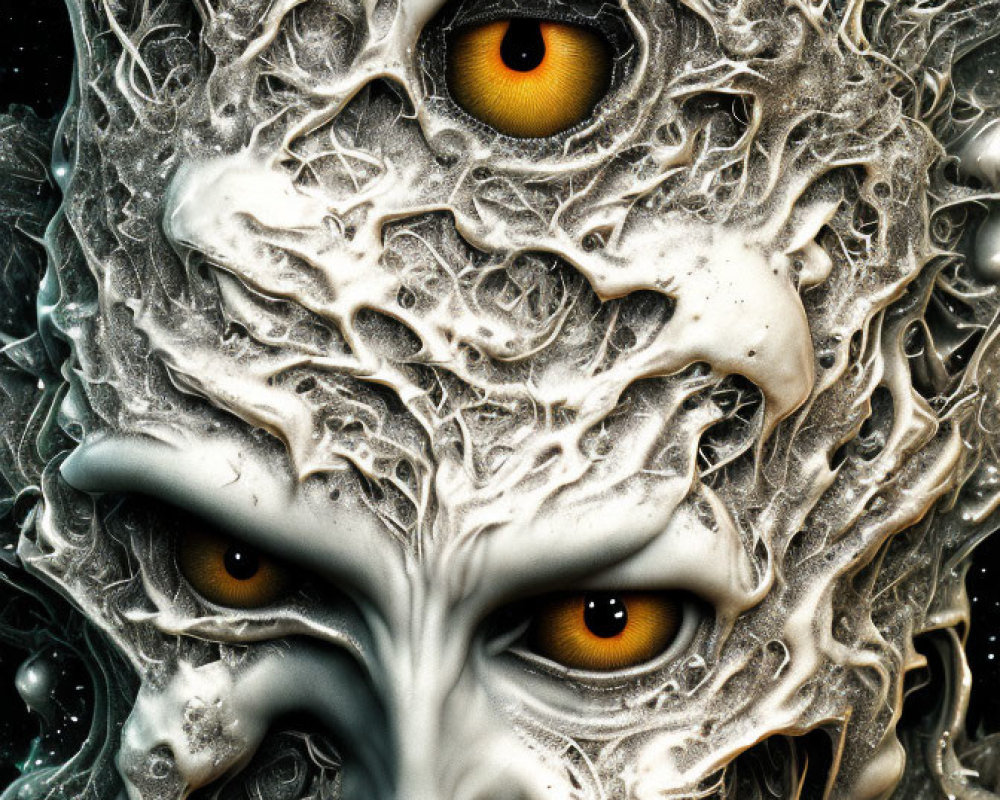 Surreal depiction of being with multiple yellow eyes and textured white swirling face.