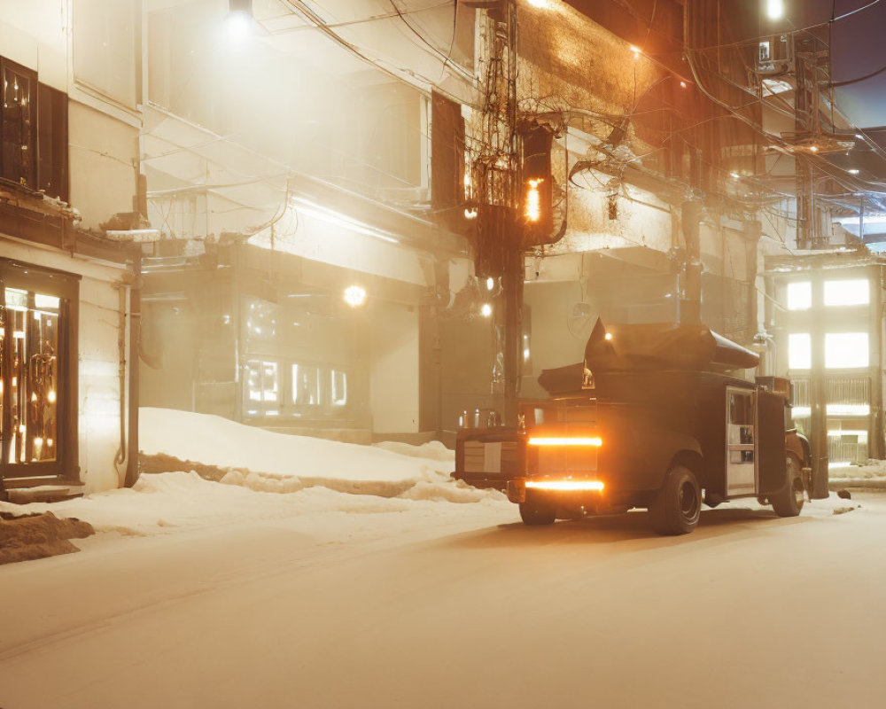 Snow-covered Night Street Scene with Warm Storefront Lights and Parked Truck