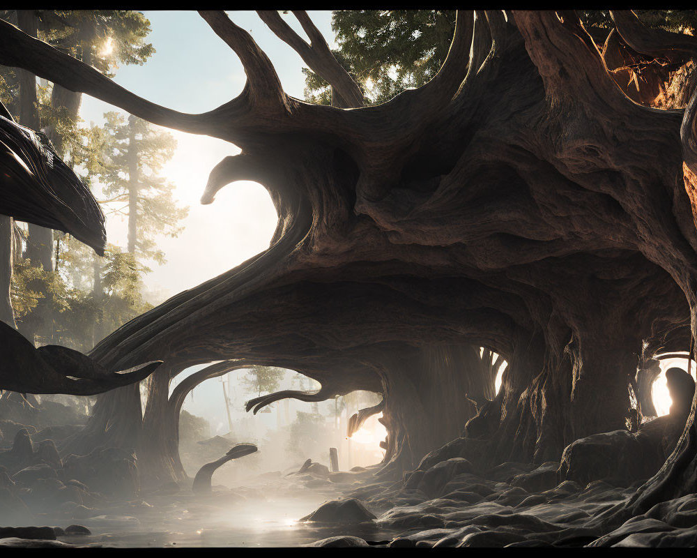 Mystical forest with gnarled trees and sunbeams in mist