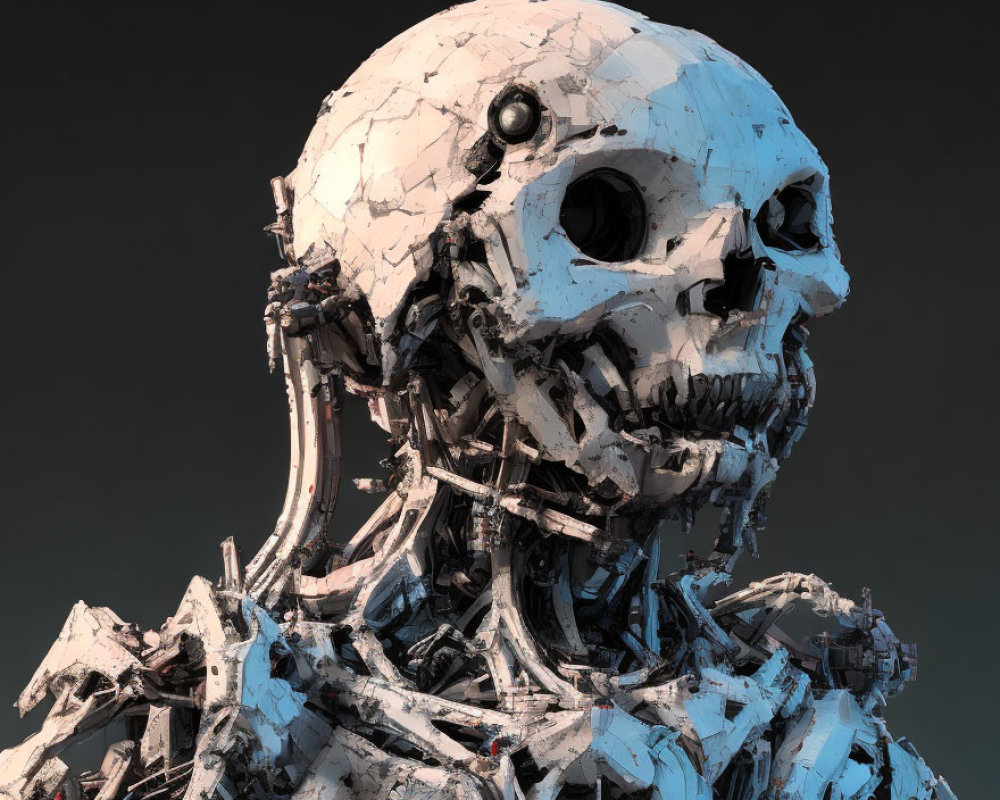 Detailed Robot Skull with Mechanical Parts and Fragmented Exterior