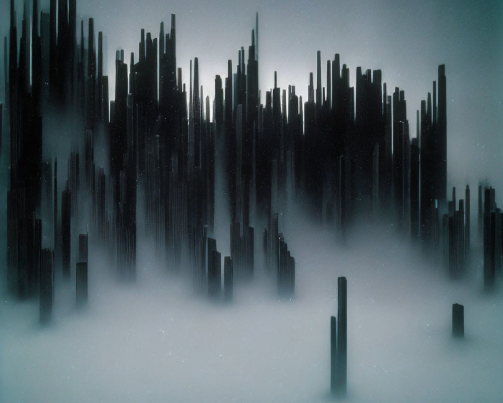 Abstract cityscape art with misty atmosphere and silhouette skyscrapers