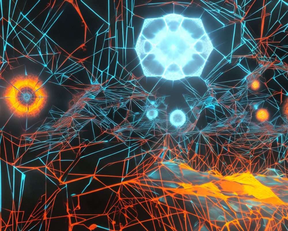 Vibrant blue and orange line network with fractal patterns on dark backdrop