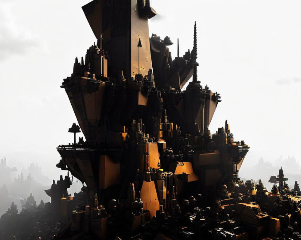 Dark fantasy castle with towering spires in dramatic sunlight