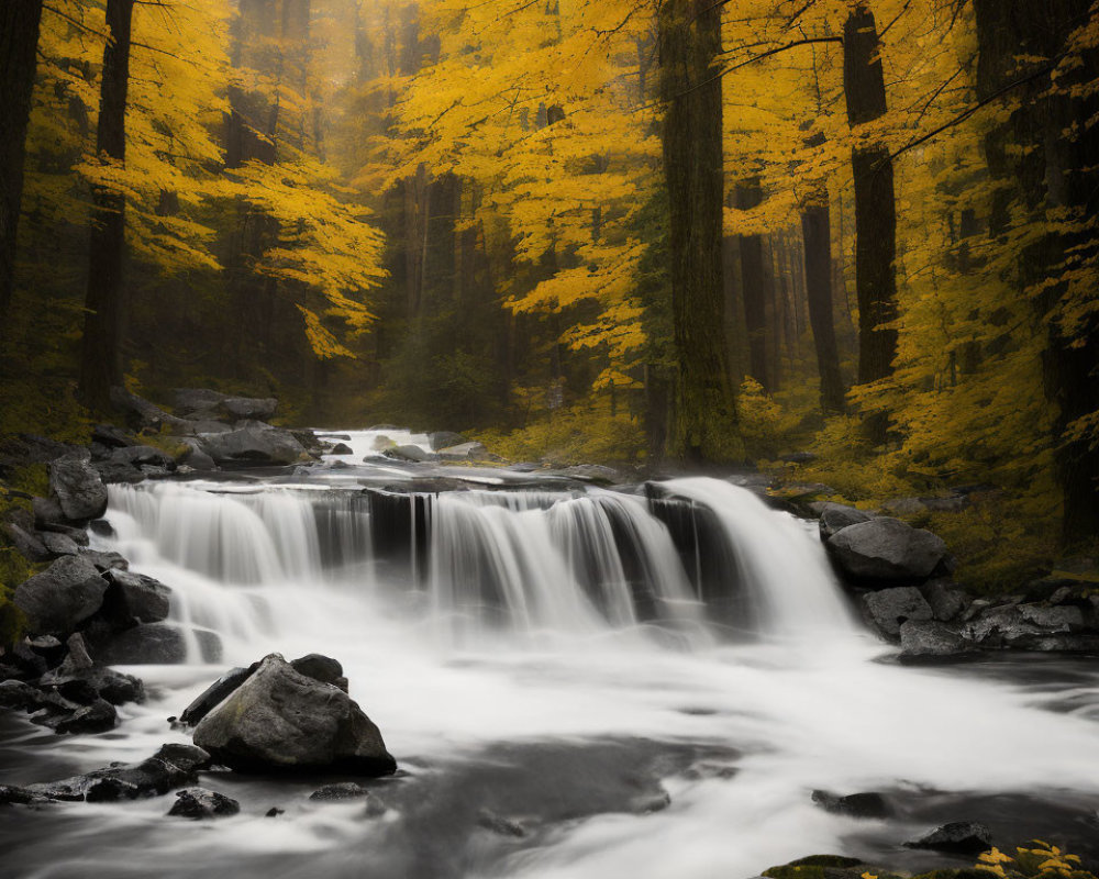 Tranquil waterfall in misty autumn forest