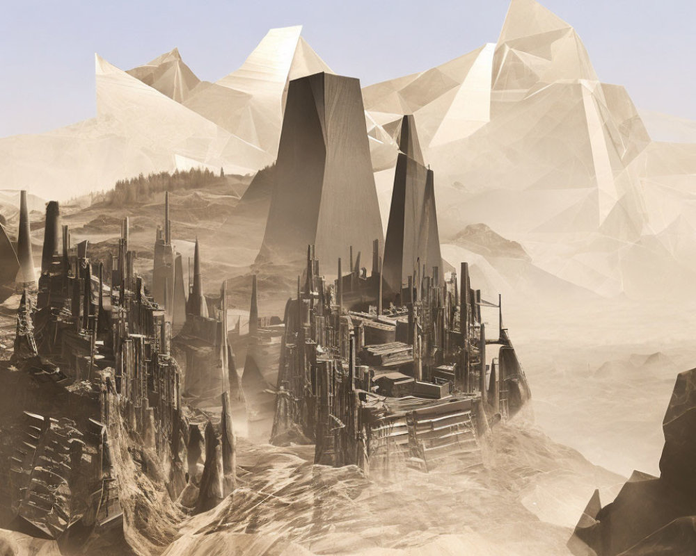 Futuristic desert cityscape with towering geometric structures