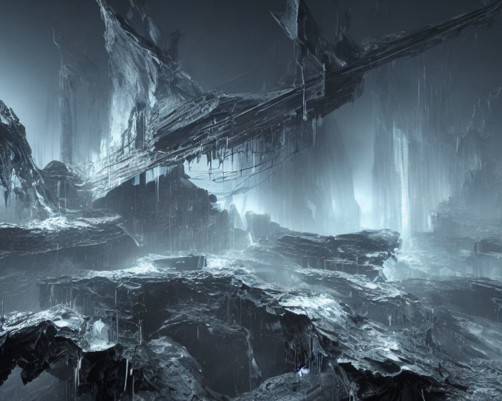 Frozen icy landscape with damaged spaceship and towering ice structures
