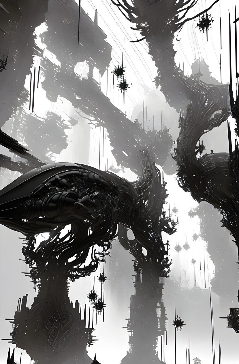 Monochromatic sci-fi landscape with towering tree-like structures and floating orbs.