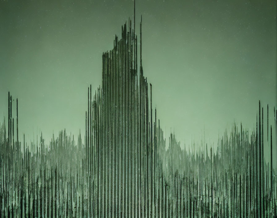Glitched skyscraper digital graphic with green aurora backdrop