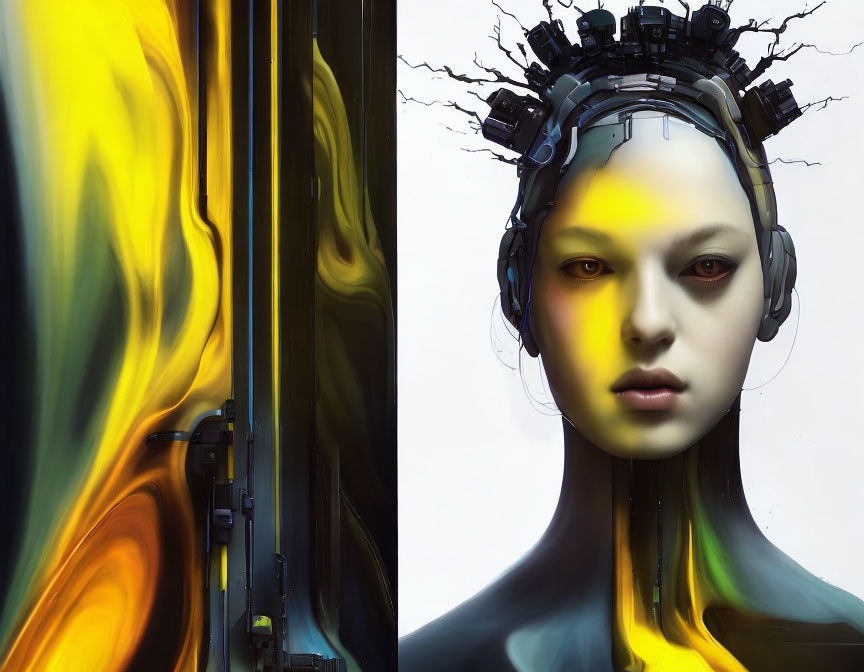 Fluid Art and Hyper-Realistic Android Portrait Side by Side