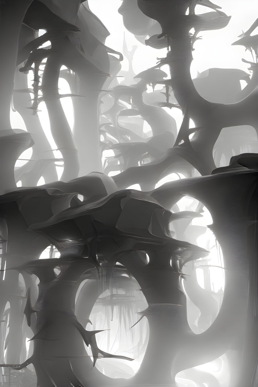 Misty monochrome forest with towering intertwined trees