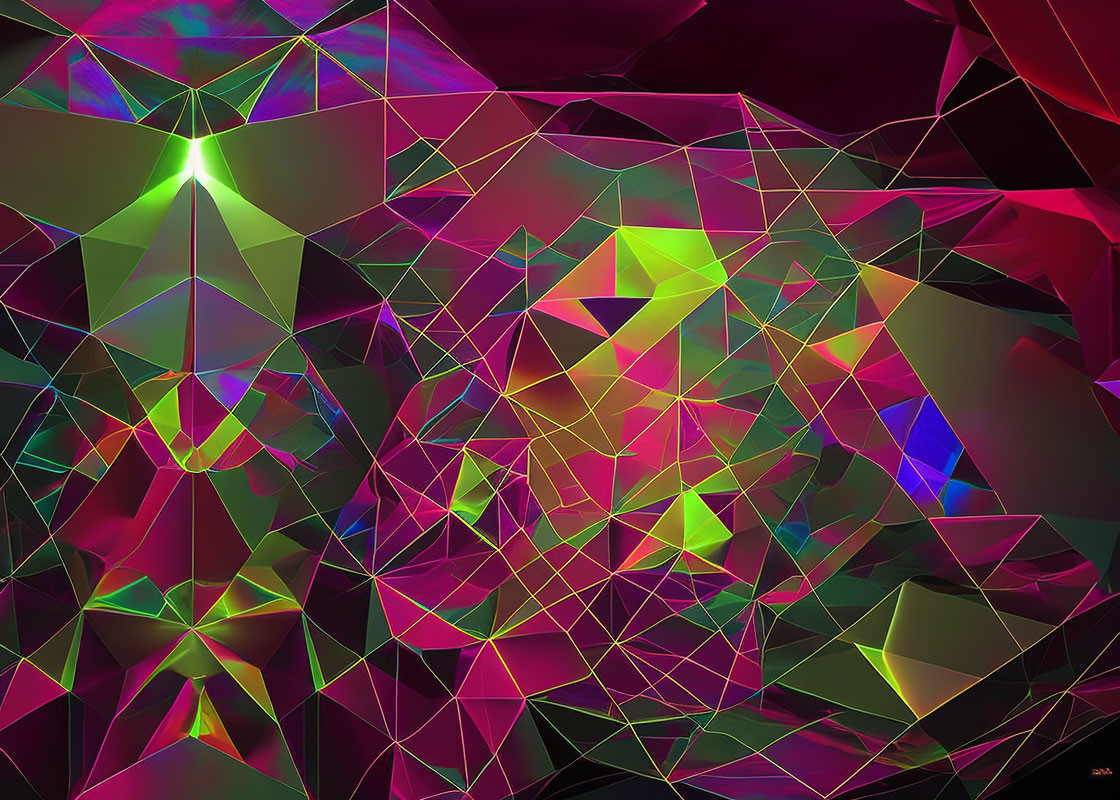 Colorful geometric abstract digital art with neon shapes on dark backdrop