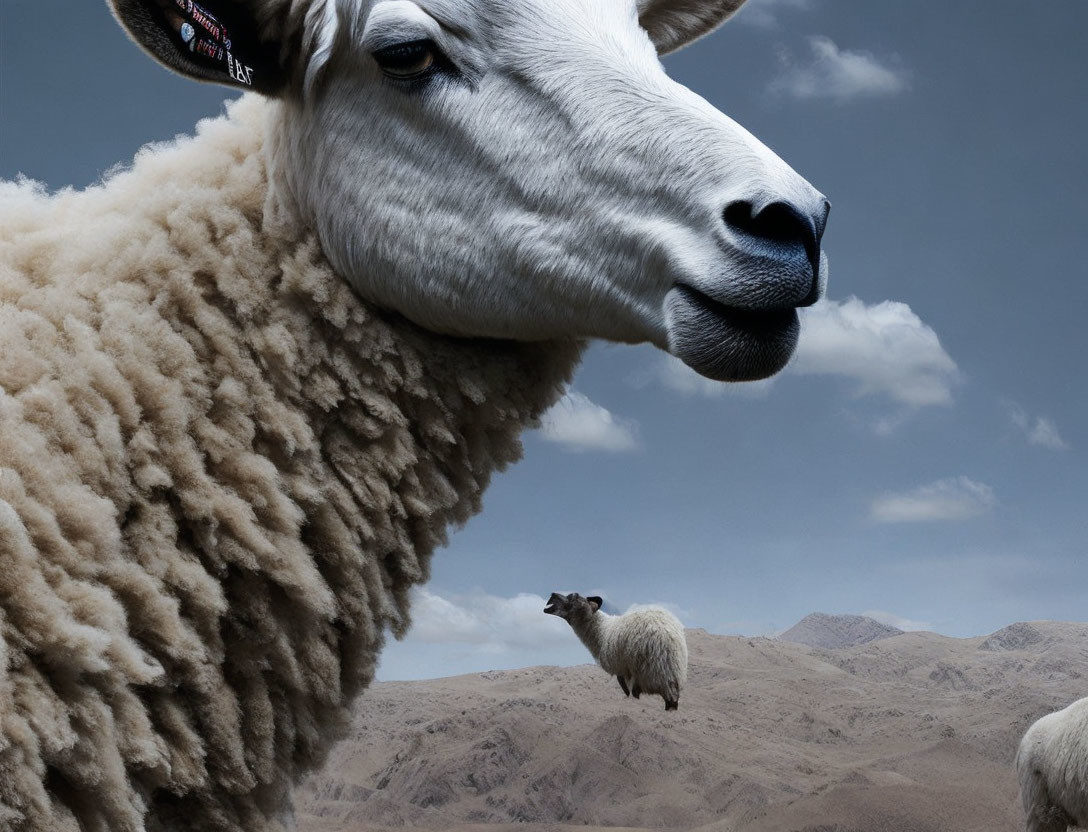Close-up of large sheep's head with smaller sheep in desolate landscape