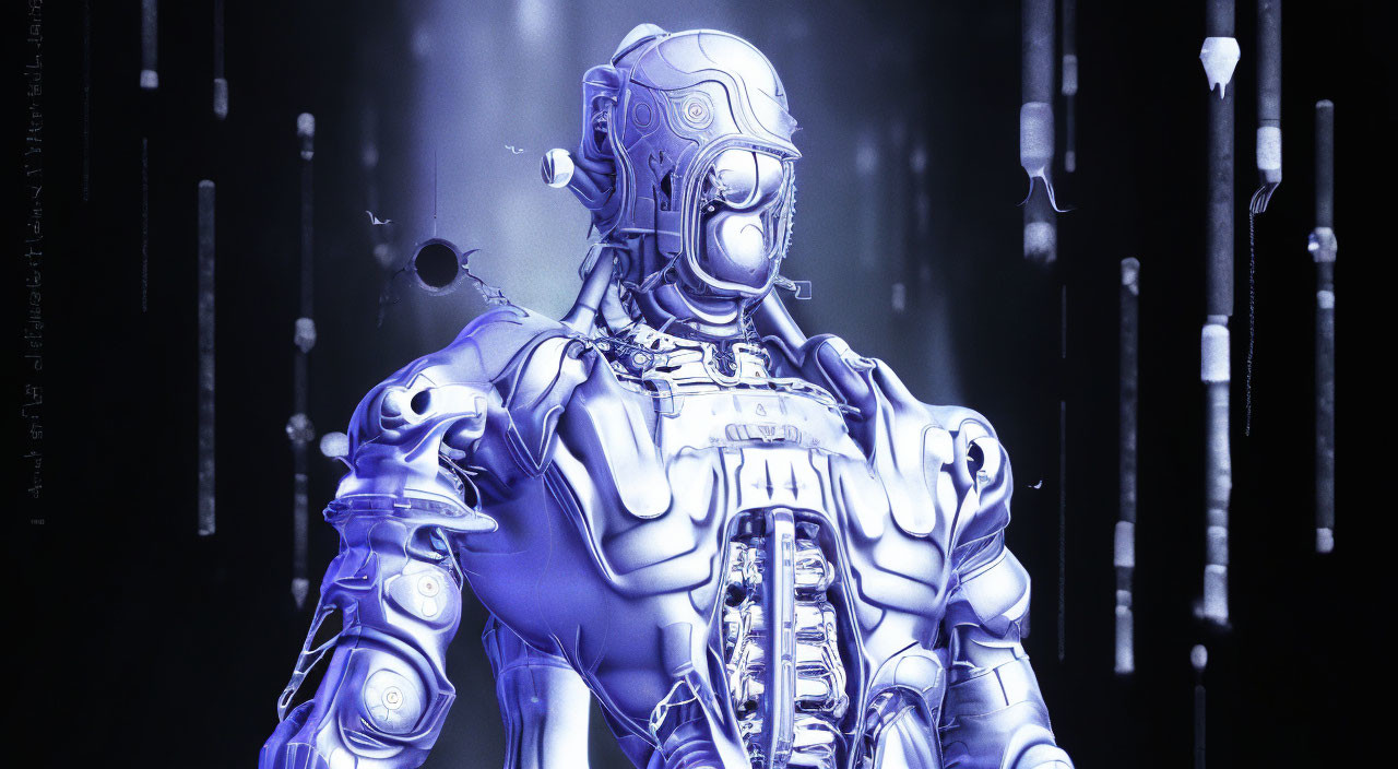 Silver Cyborg in Intricate Armor Surrounded by Matrix Code Rain