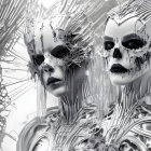 Monochrome digital artwork of skeletal cyborg faces with wiring on industrial backdrop