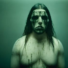 Dark Tribal Masked Person with White Paint on Muscular Body against Teal Background