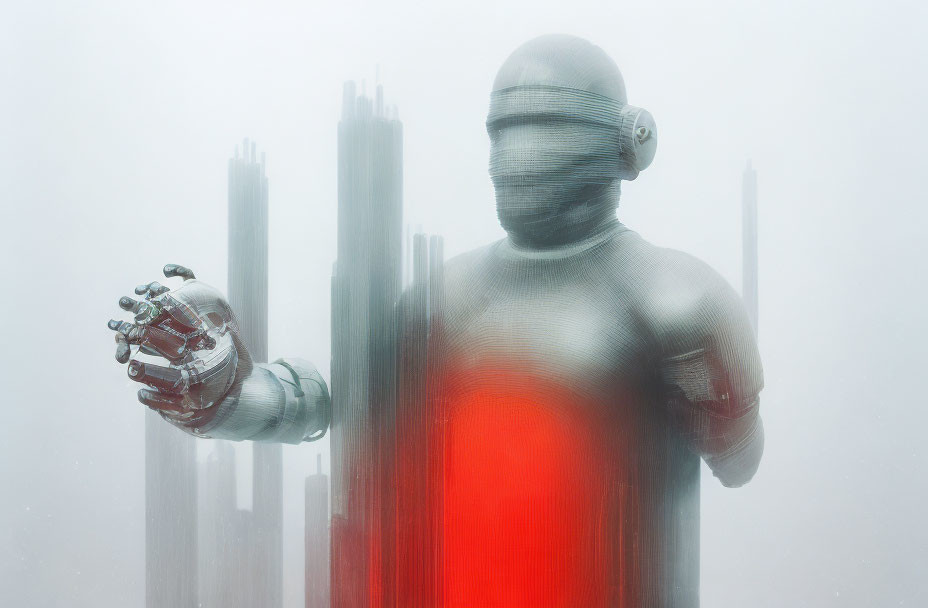 Futuristic humanoid robot in bandages among misty skyscrapers with glowing red hand
