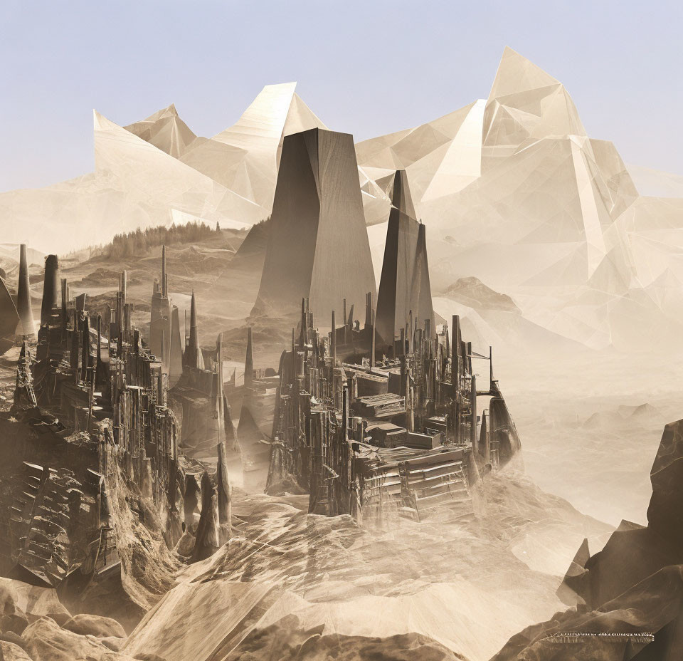 Futuristic desert cityscape with towering geometric structures