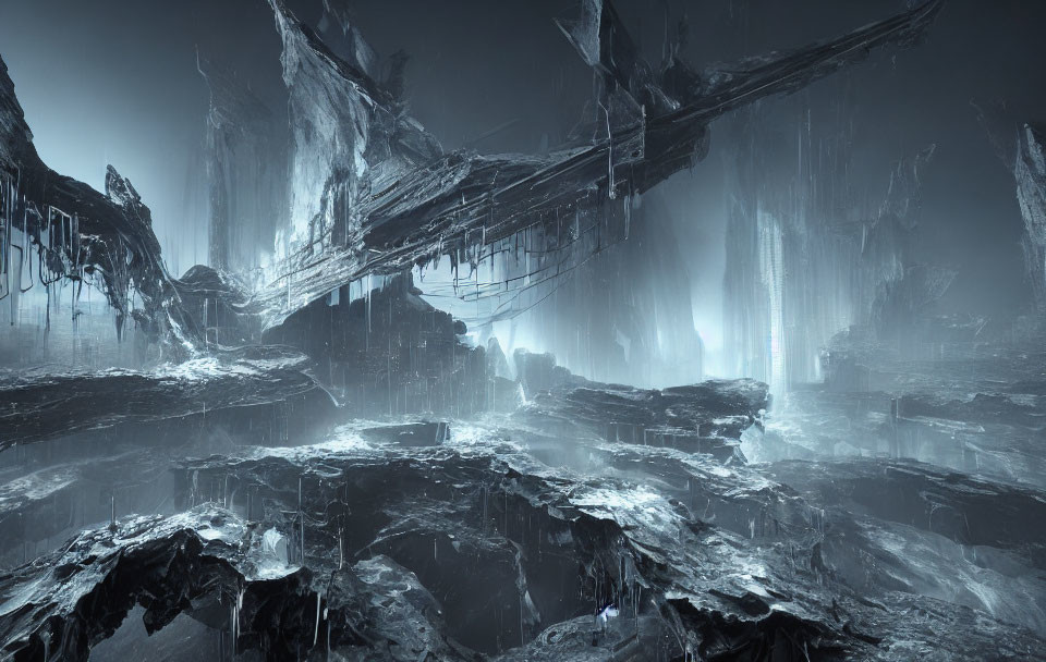 Frozen icy landscape with damaged spaceship and towering ice structures