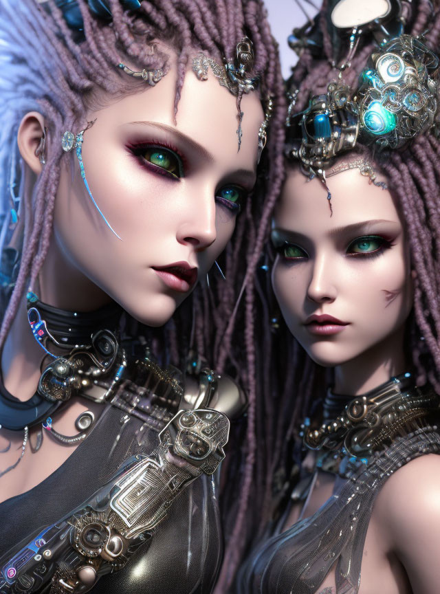 Futuristic female figures with cybernetic enhancements and dreadlocks