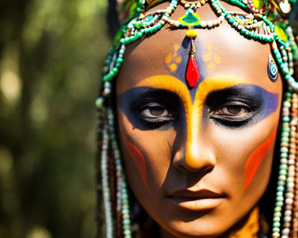 Colorful tribal face paint and intricate headgear on person outdoors