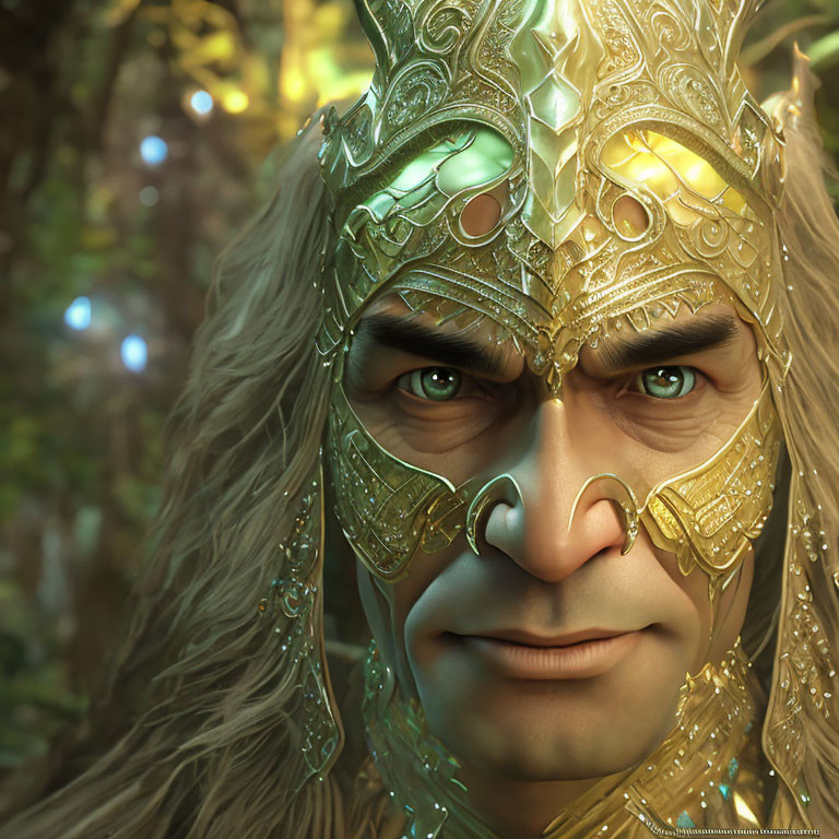 Fantasy character in golden armor against lush forest backdrop