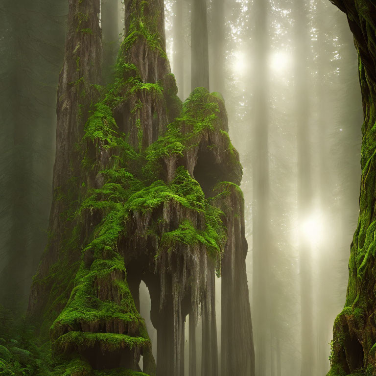 Moss-Covered Trees in Ethereal Forest with Sunbeams