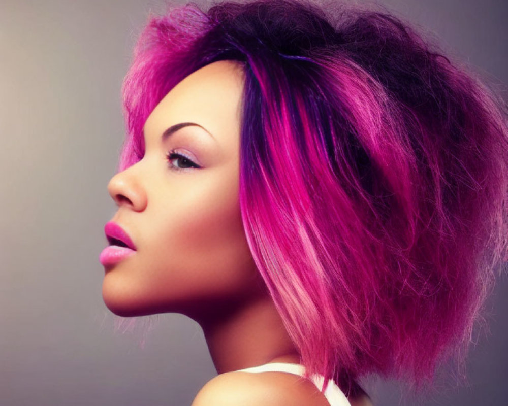 Bold Pink and Black Hairstyle with Pink Lipstick on Gradient Background