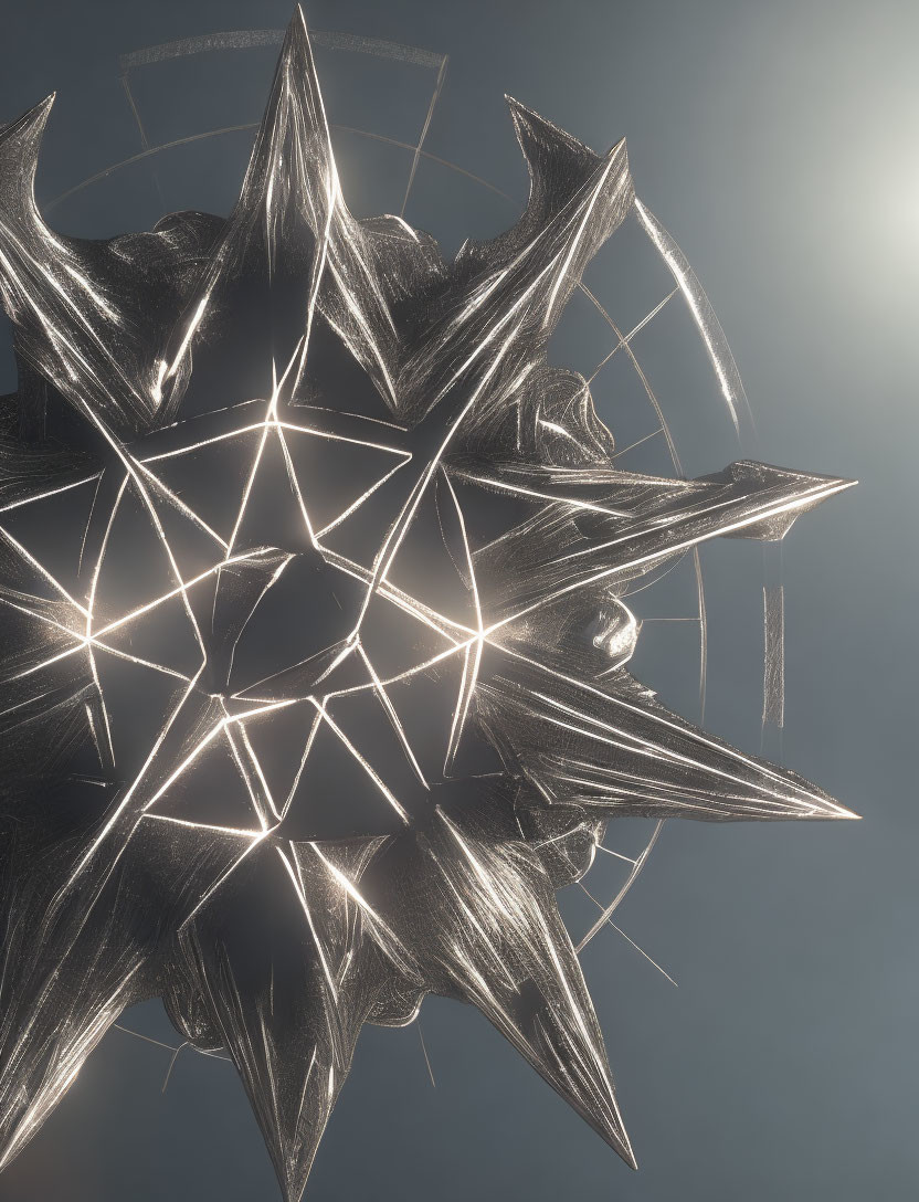 Shiny metallic spiky sphere with glowing edges on soft-lit background