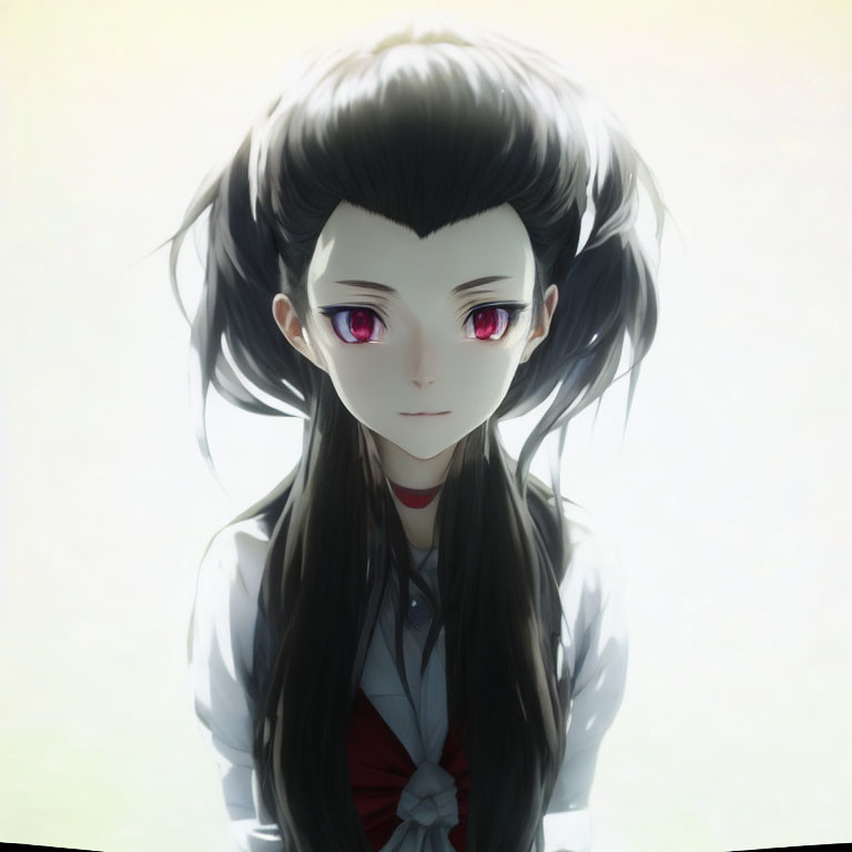 Digital artwork featuring girl with large red eyes, black hair, white shirt, and red bow tie
