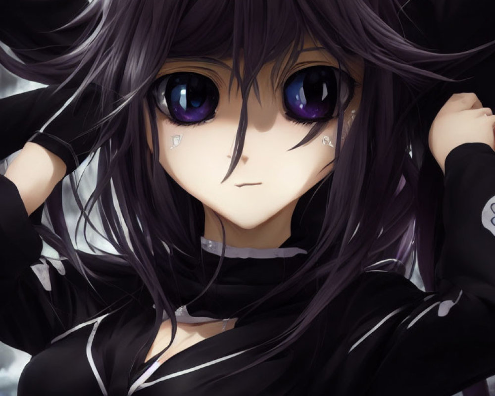 Female Anime Character with Long Purple Hair and Violet Eyes in Black Outfit
