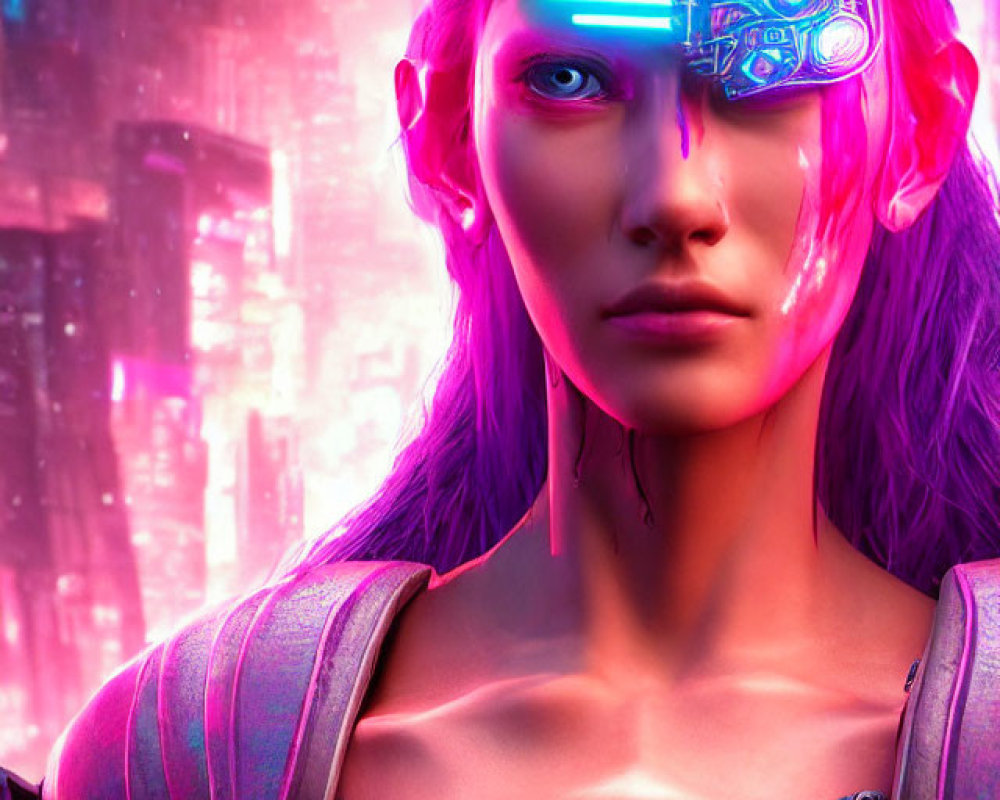 Female Cyborg with Glowing Blue Eye in Futuristic Cityscape