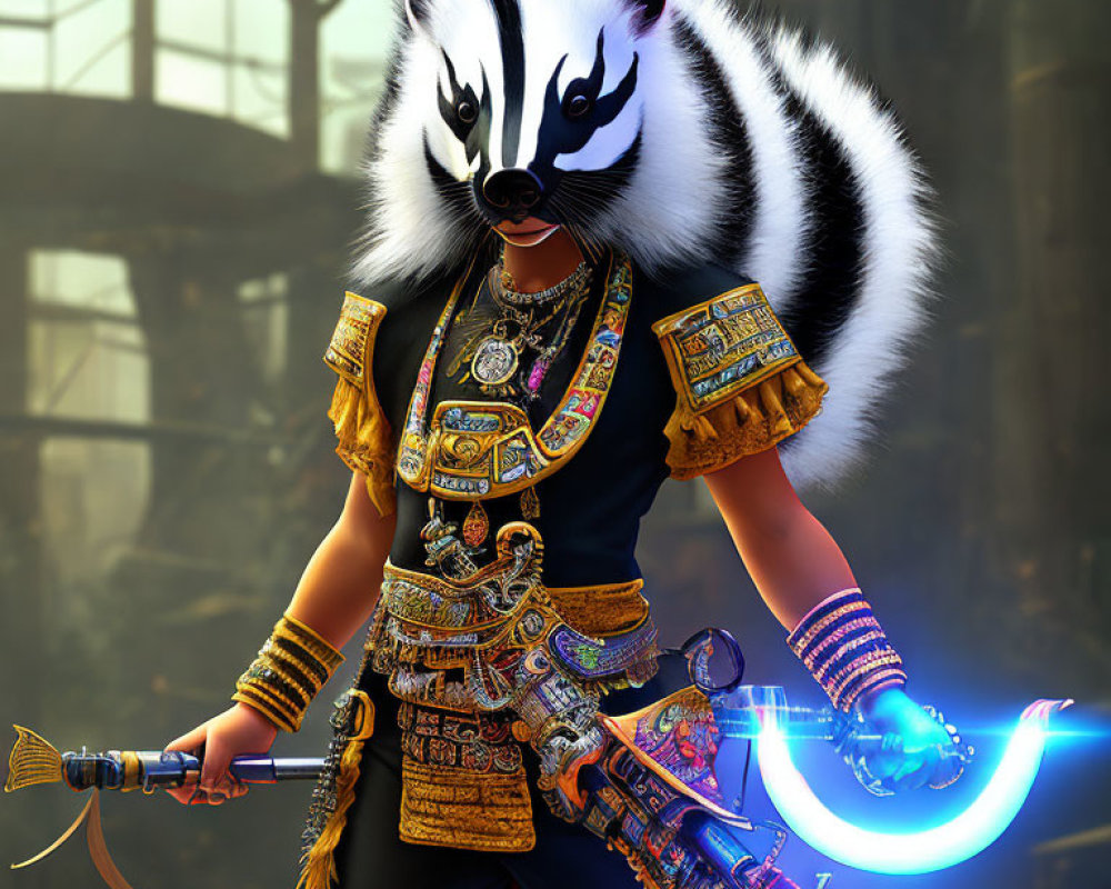 Anthropomorphic badger in traditional armor with futuristic weapon in vibrant setting