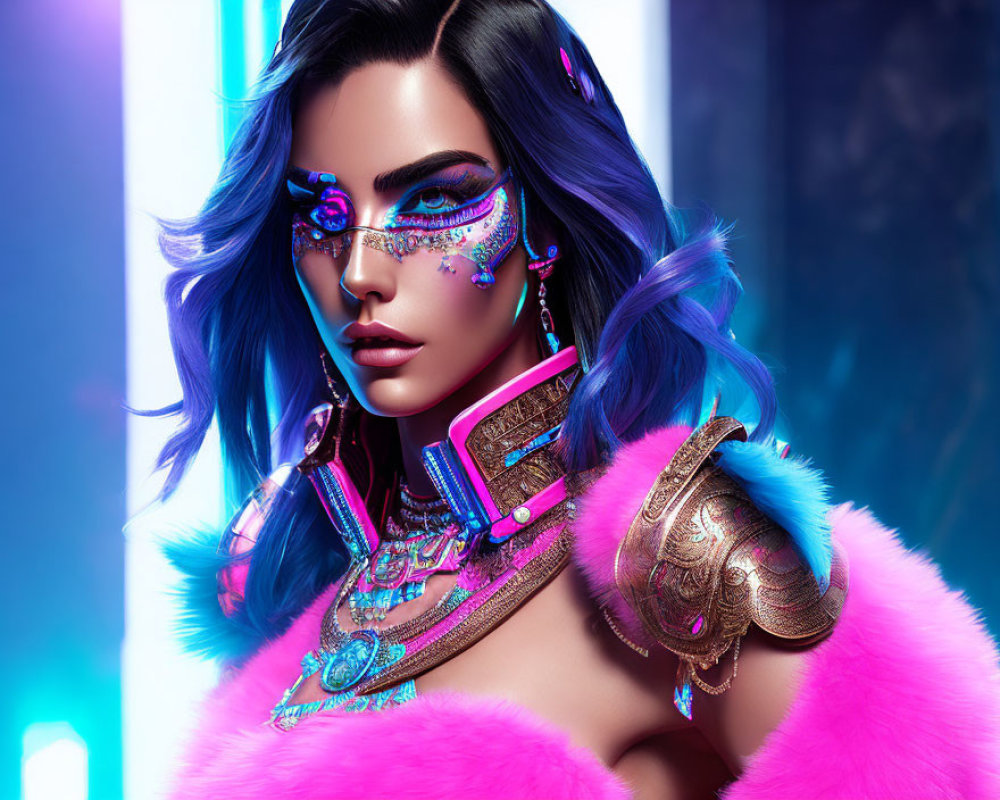 Vibrant blue hair woman in pink fur and armor art