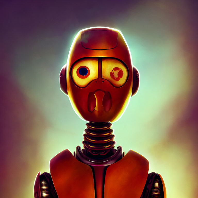 Stylized humanoid-faced robot illustration on moody gradient background