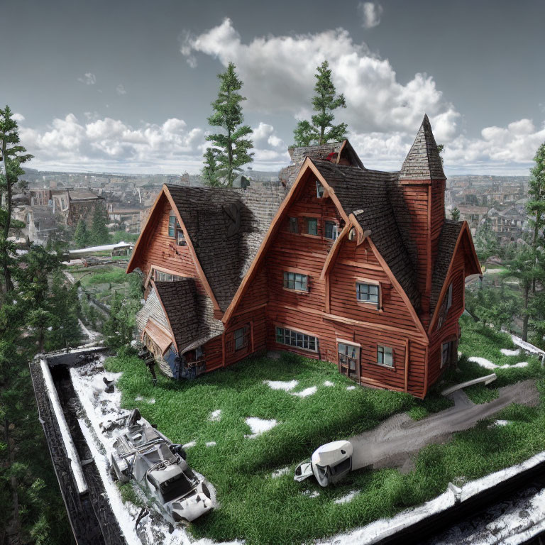 Spacious wooden house with tower, snowy town view, and abandoned vehicles