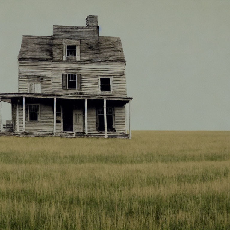 Weathered two-story wooden house in vast grassy field under overcast sky