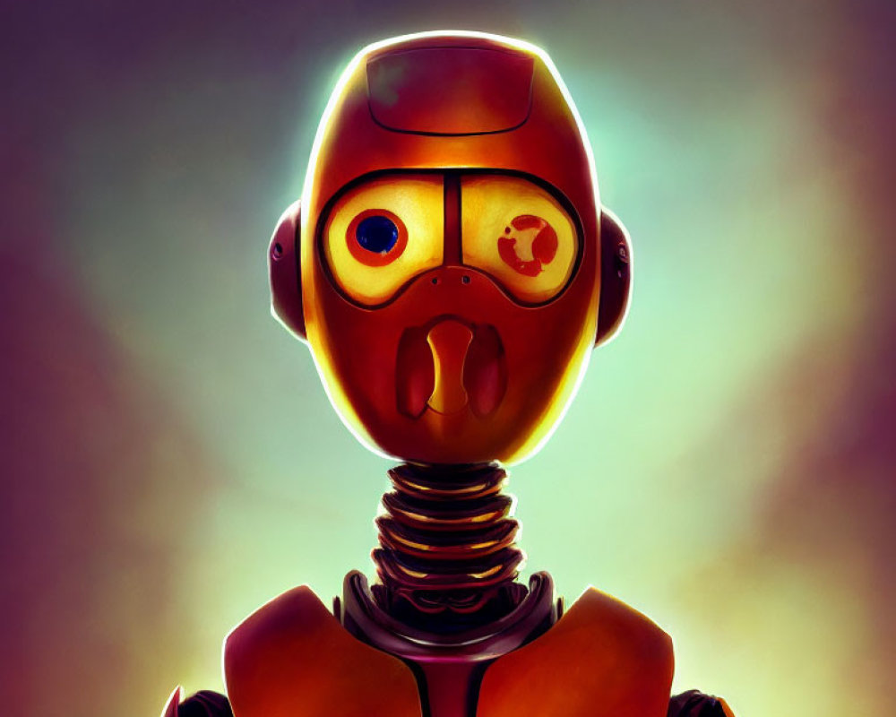 Stylized humanoid-faced robot illustration on moody gradient background