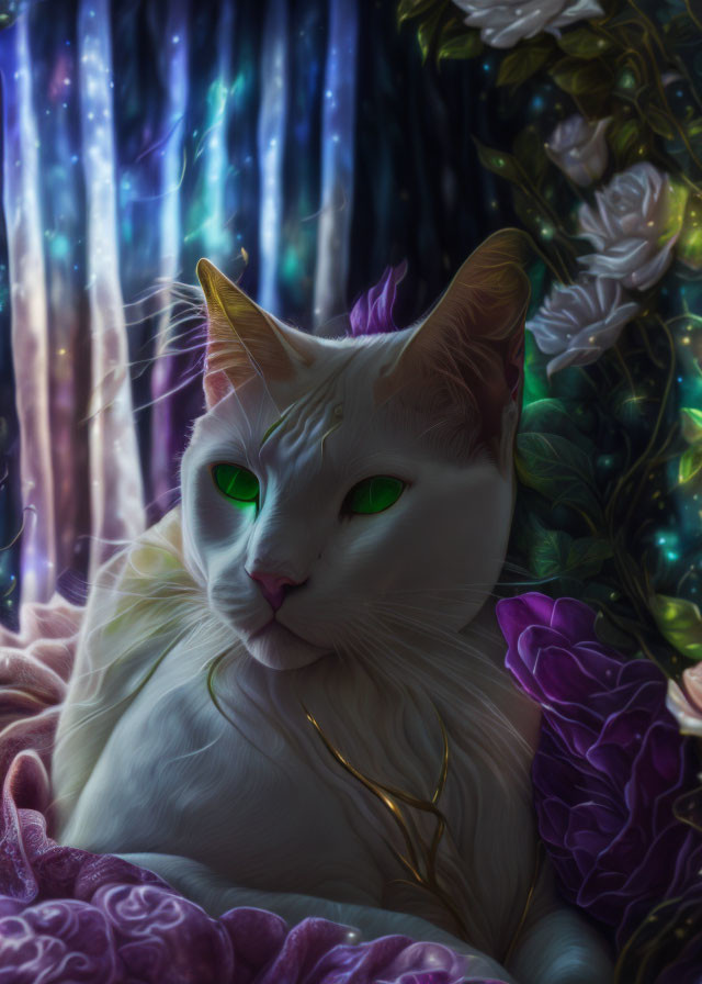 White Cat with Green Eyes Surrounded by Purple Flowers and Starlight