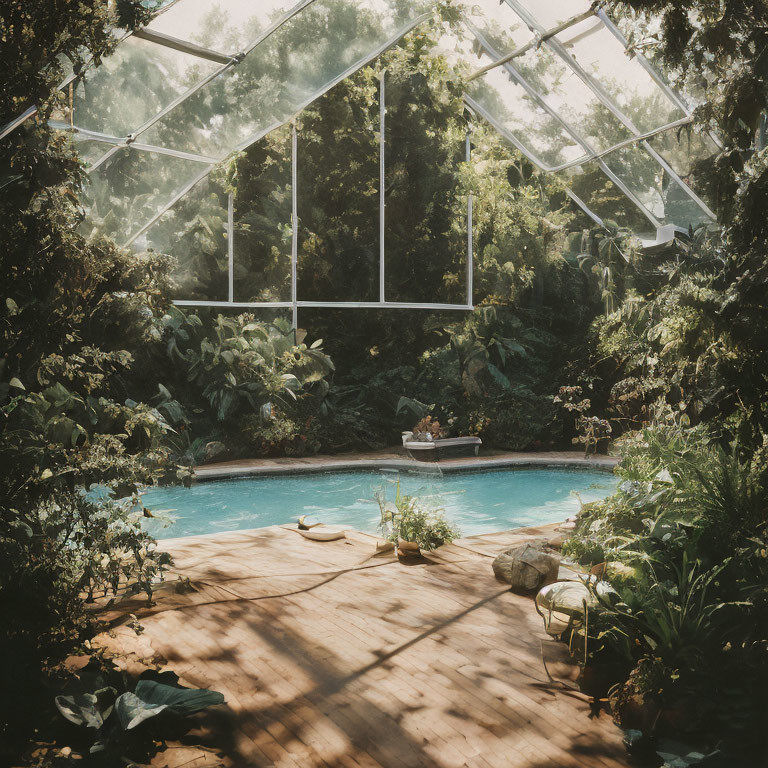 Tranquil greenhouse with lush foliage and serene swimming pool